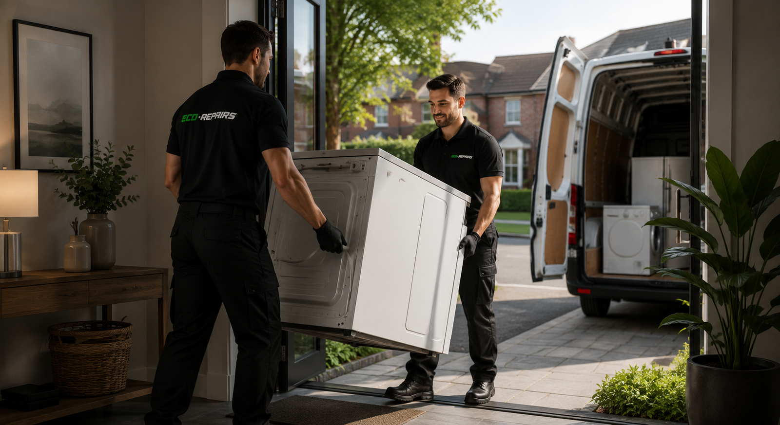 Engineer collecting an old appliance for responsible disposal